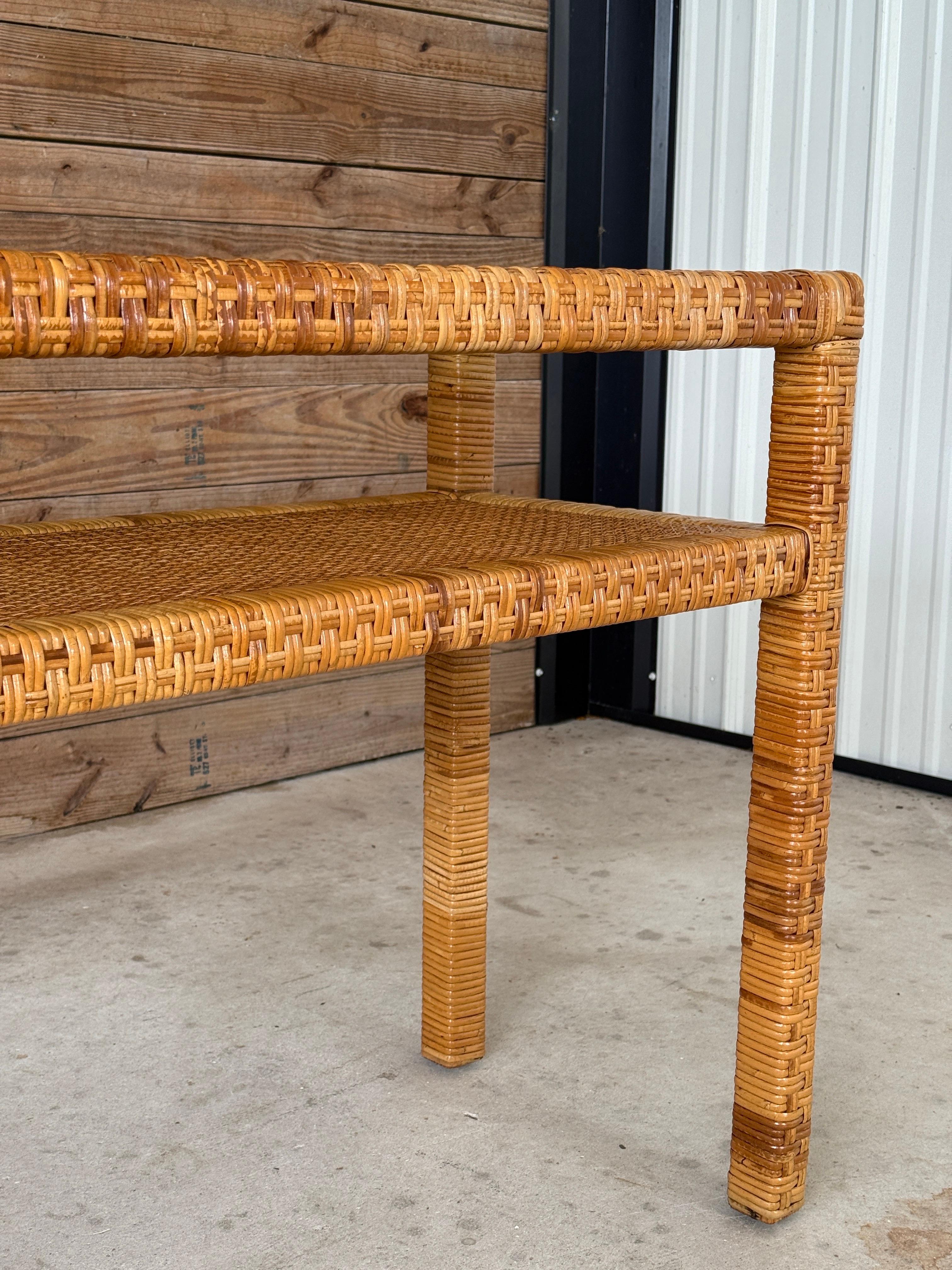 Vintage Coastal Organic Modern Rattan Wrap Console With Cane Insert & Glass For Sale 4