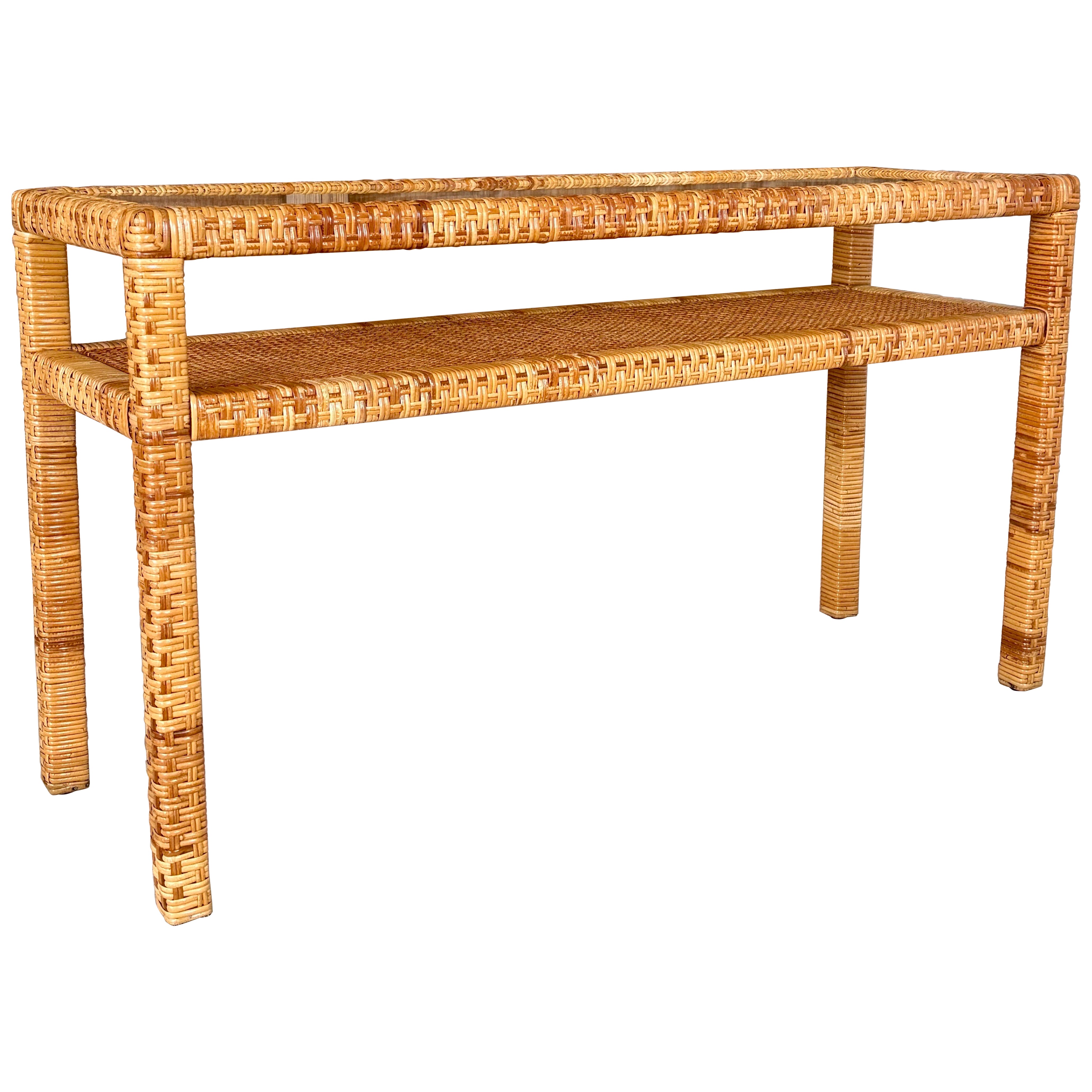 Vintage Coastal Organic Modern Rattan Wrap Console With Cane Insert
Glass