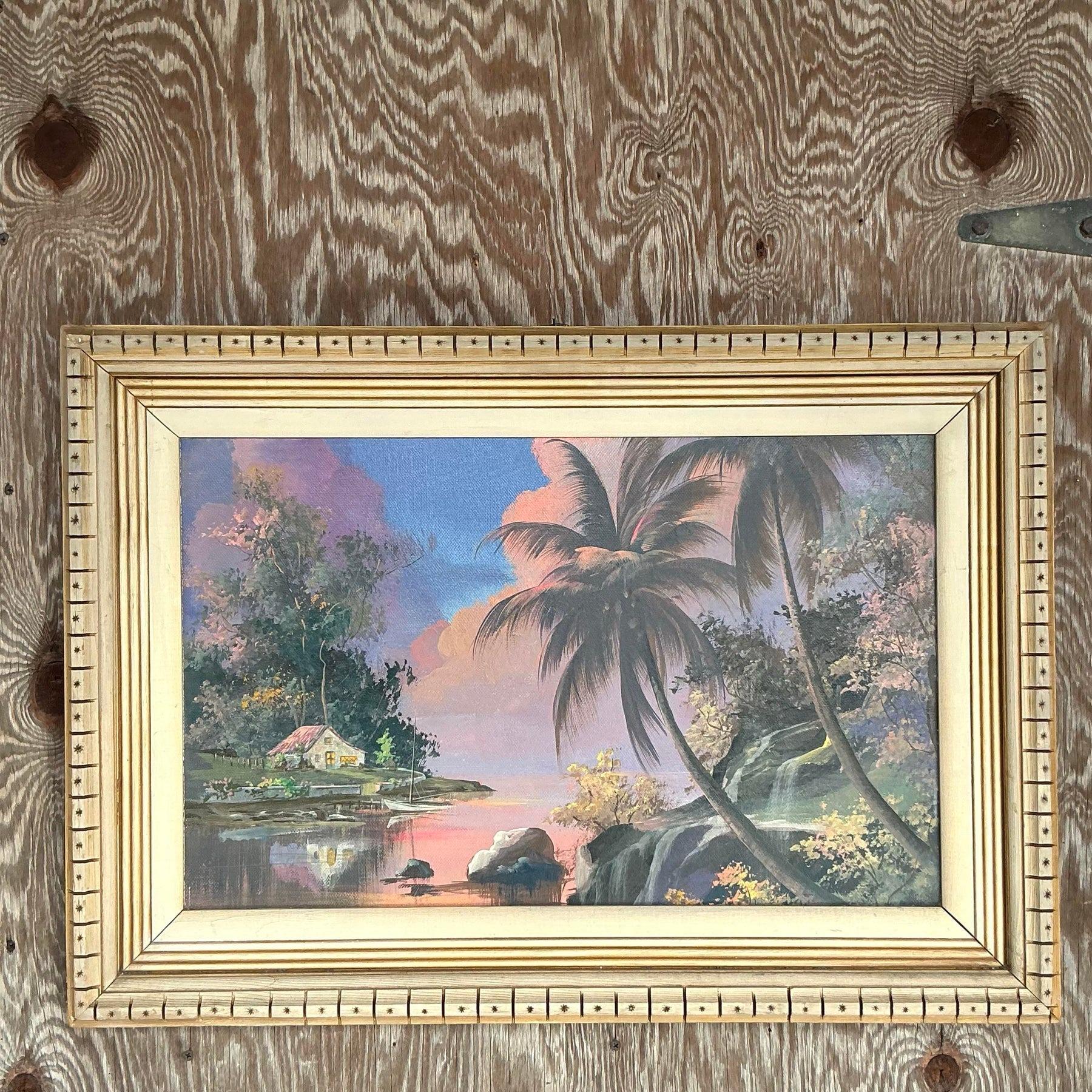 Vintage Coastal Original Landscape Oil Painting on Canvas In Good Condition For Sale In west palm beach, FL