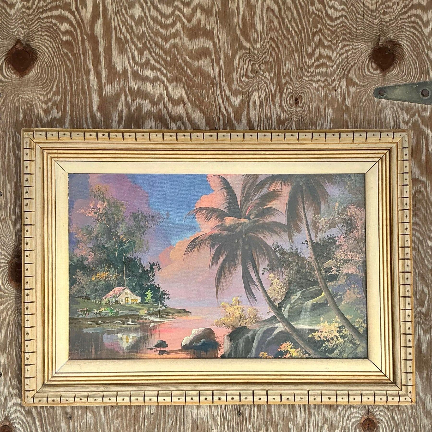 Vintage Coastal Original Landscape Oil Painting on Canvas For Sale 1