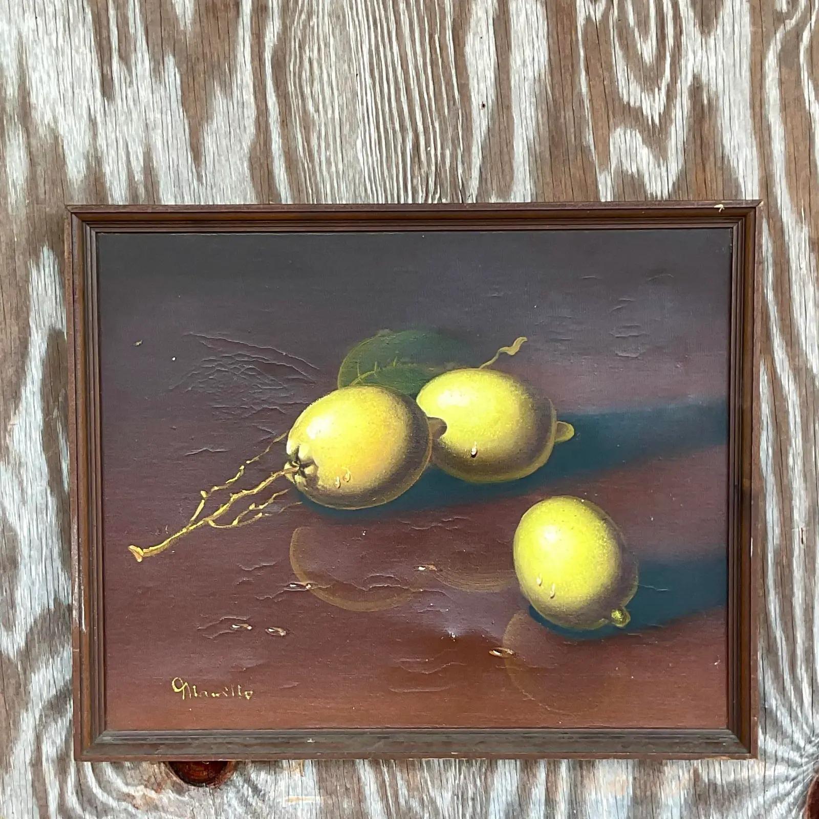 Fantastic vintage original oil painting. A beautiful period composition of lemons on a branch. Signed by the artist. Lots of great crackling and patina from time. Acquired from a Palm Beach estate.

The painting is in great vintage condition.