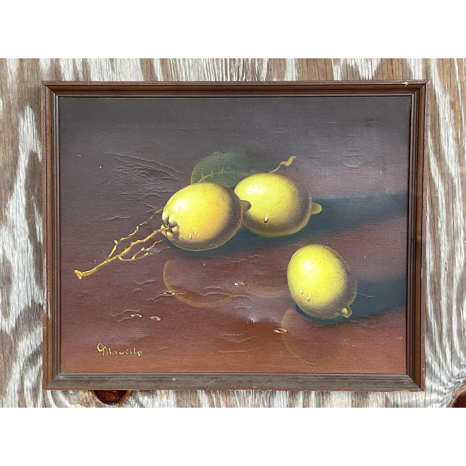 North American Vintage Coastal Original Oil Painting of Lemons For Sale