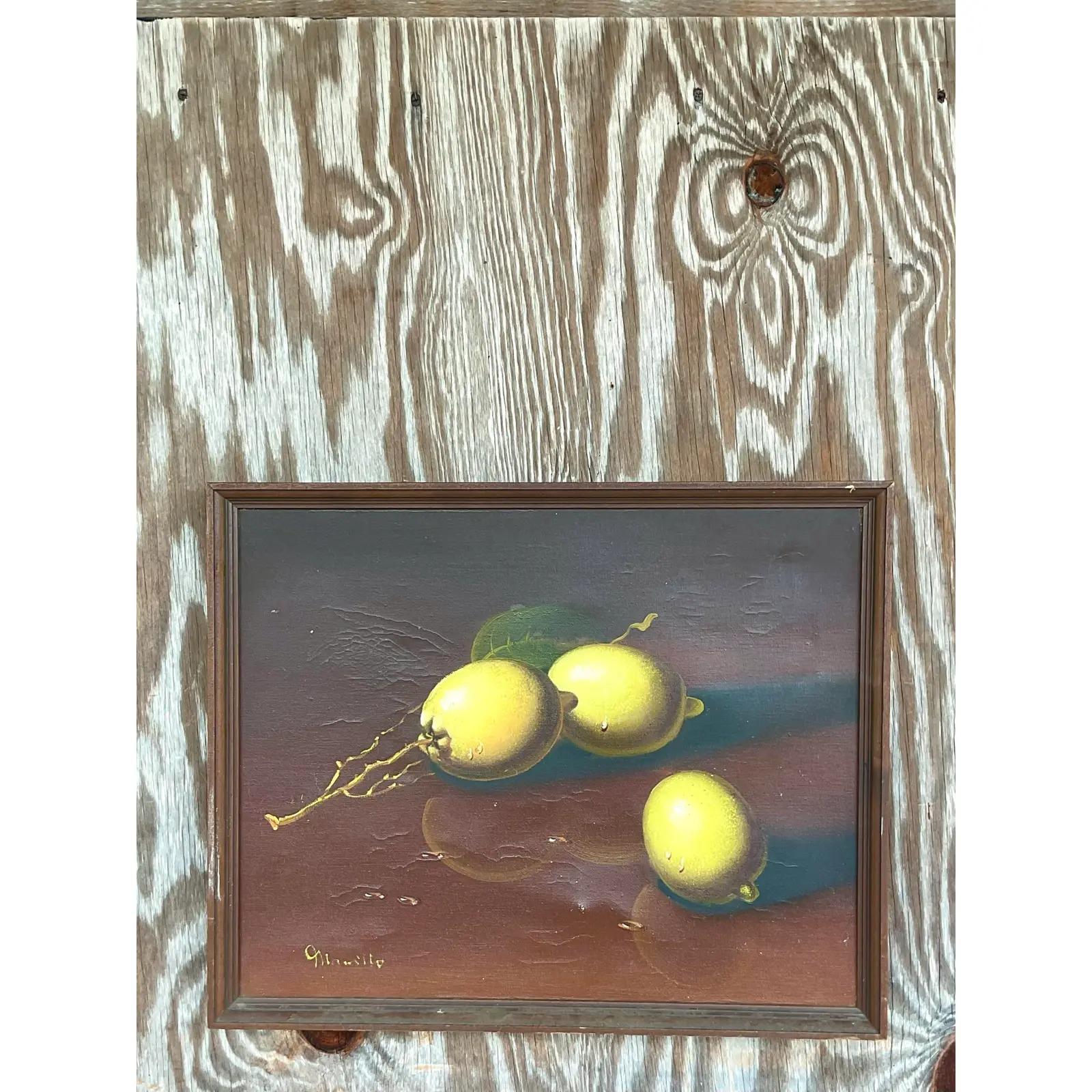 Vintage Coastal Original Oil Painting of Lemons In Good Condition For Sale In west palm beach, FL