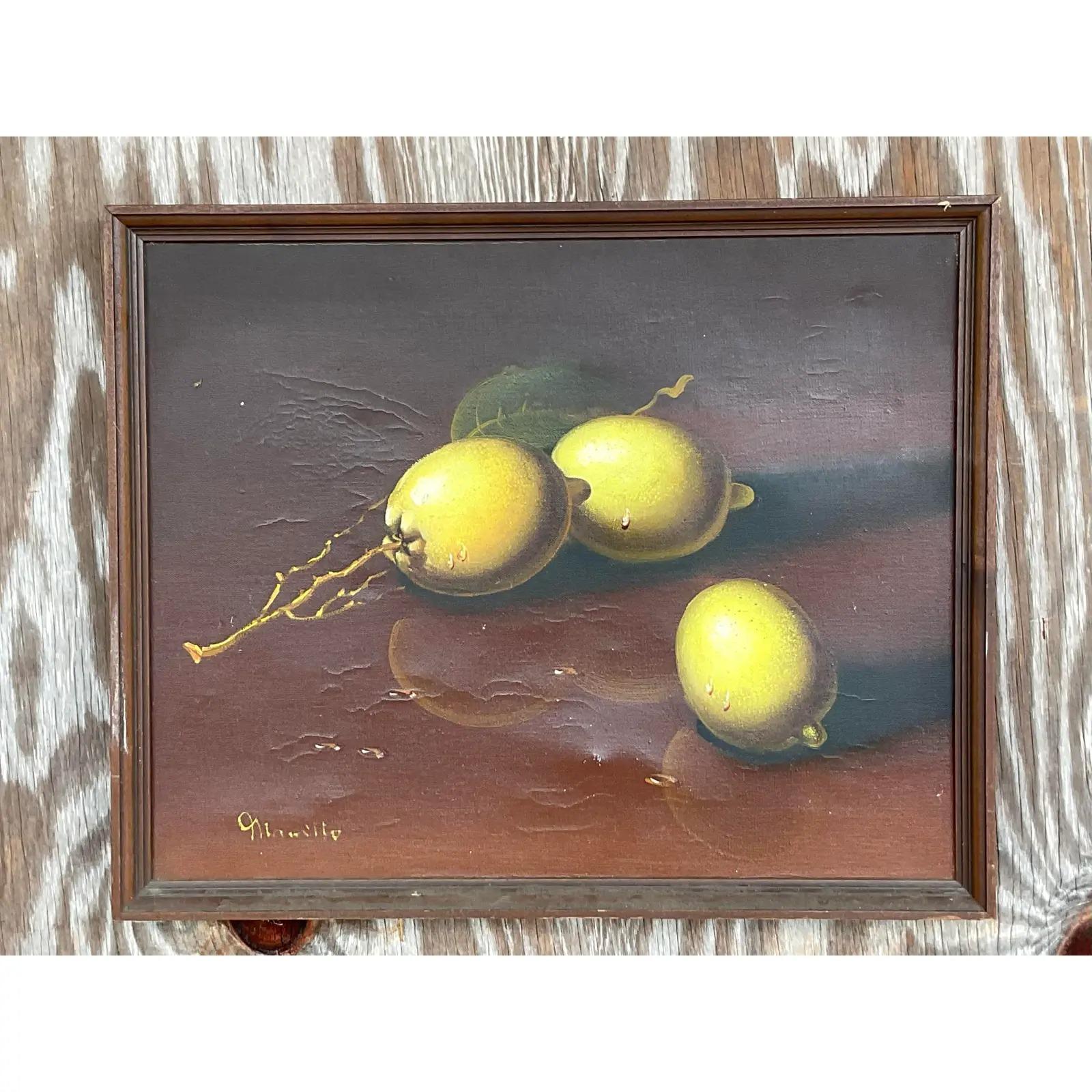 20th Century Vintage Coastal Original Oil Painting of Lemons For Sale