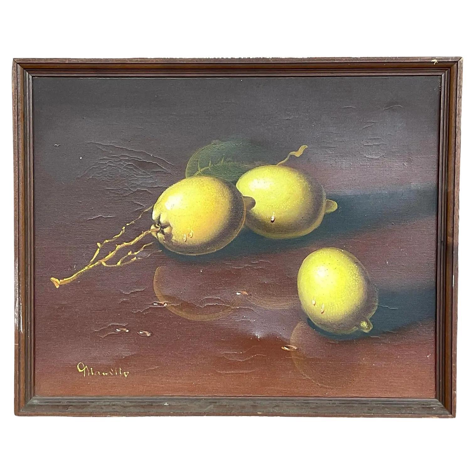 Vintage Coastal Original Oil Painting of Lemons For Sale