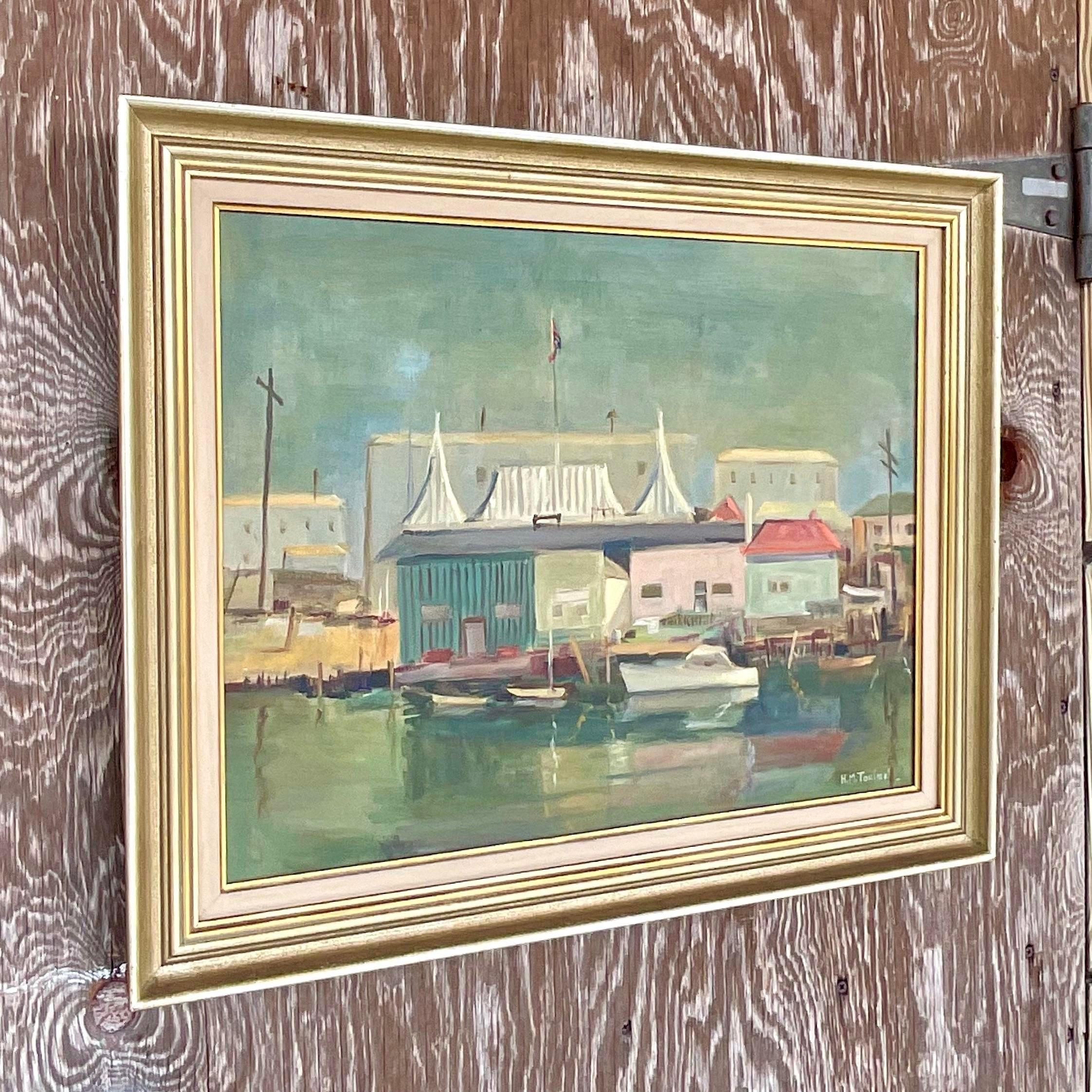 American Vintage Coastal Original Oil Painting on Canvas For Sale
