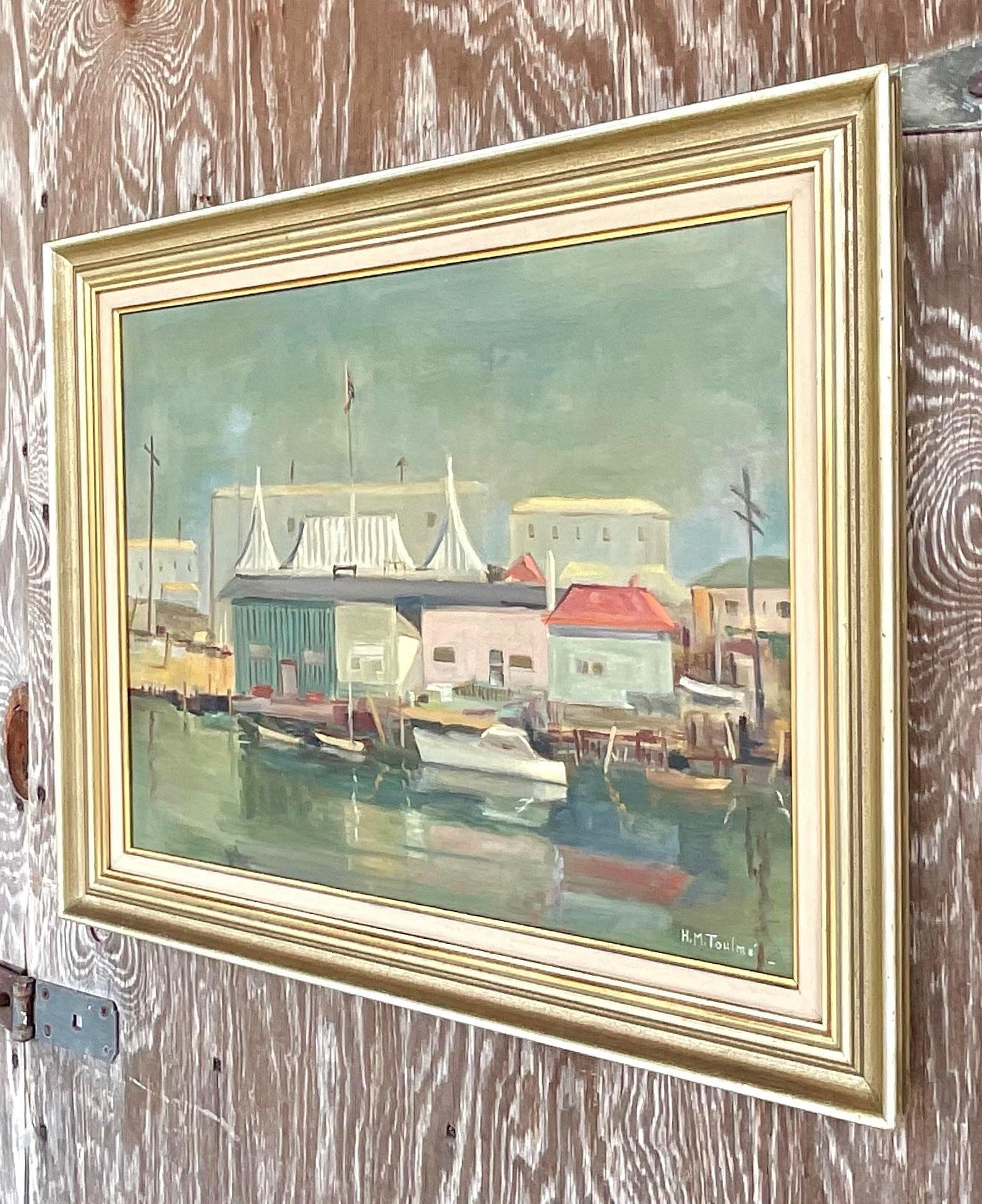 Vintage Coastal Original Oil Painting on Canvas In Good Condition For Sale In west palm beach, FL