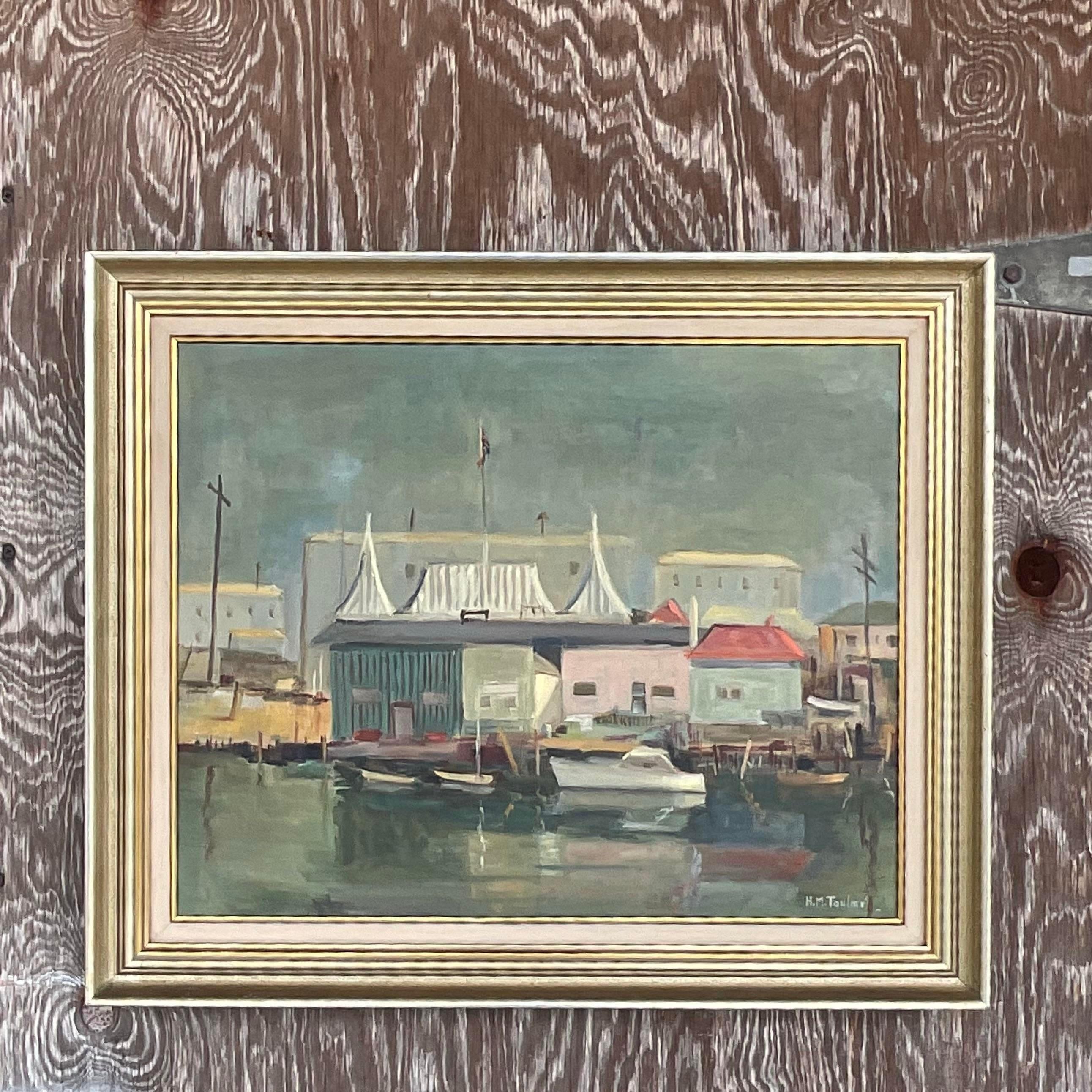 Vintage Coastal Original Oil Painting on Canvas For Sale 1