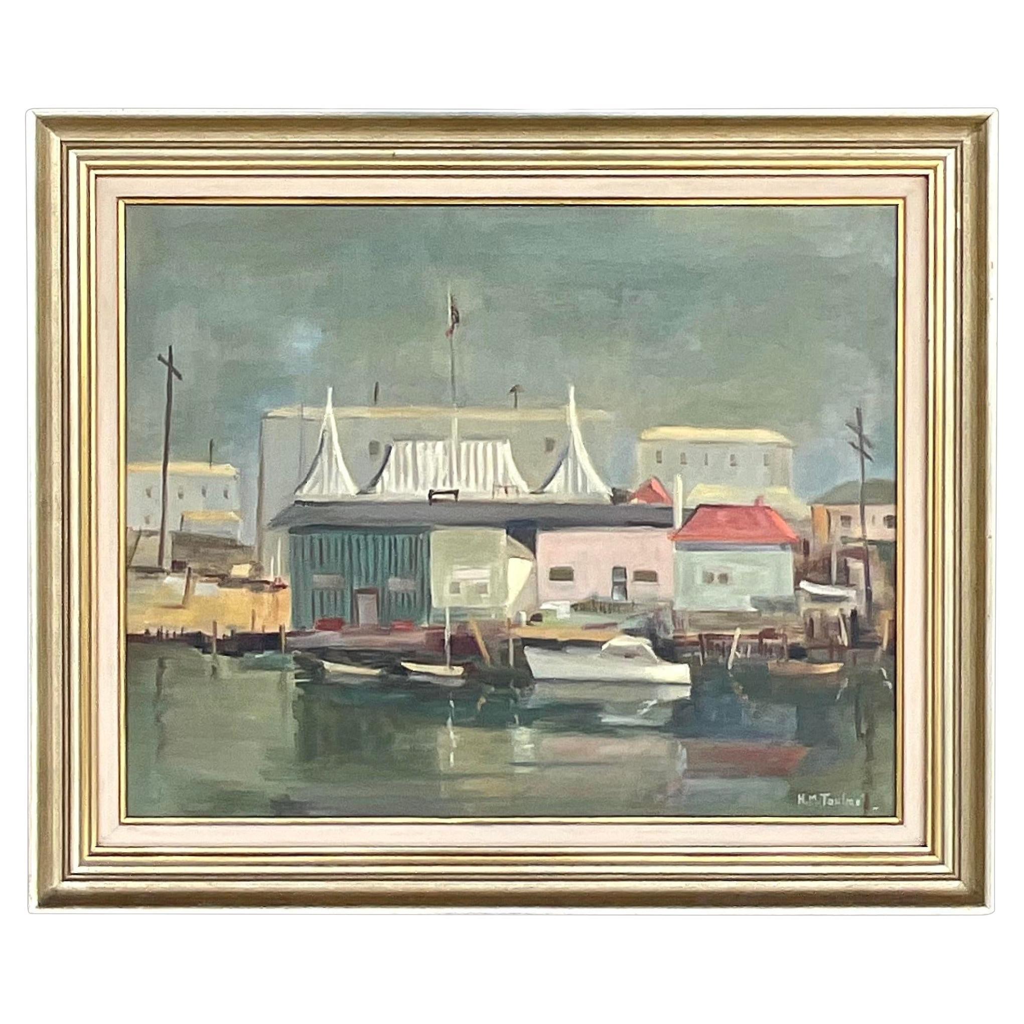 Vintage Coastal Original Oil Painting on Canvas For Sale