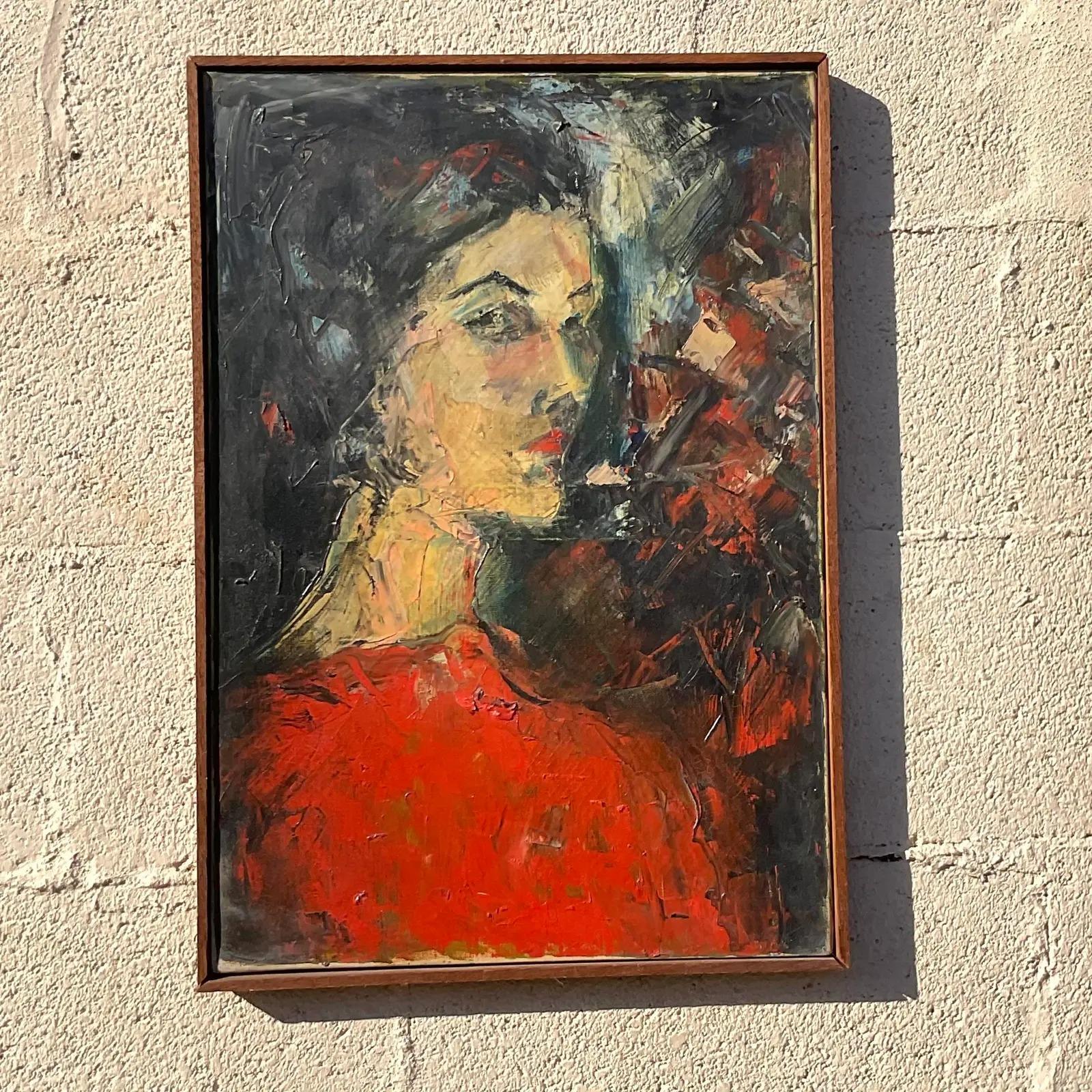 Eine fantastische Vintage Boho original Öl Porträt auf Leinwand. Eine schöne malerische Komposition einer schönen Dame in Rot. Erworben aus einem Nachlass in Palm Beach.