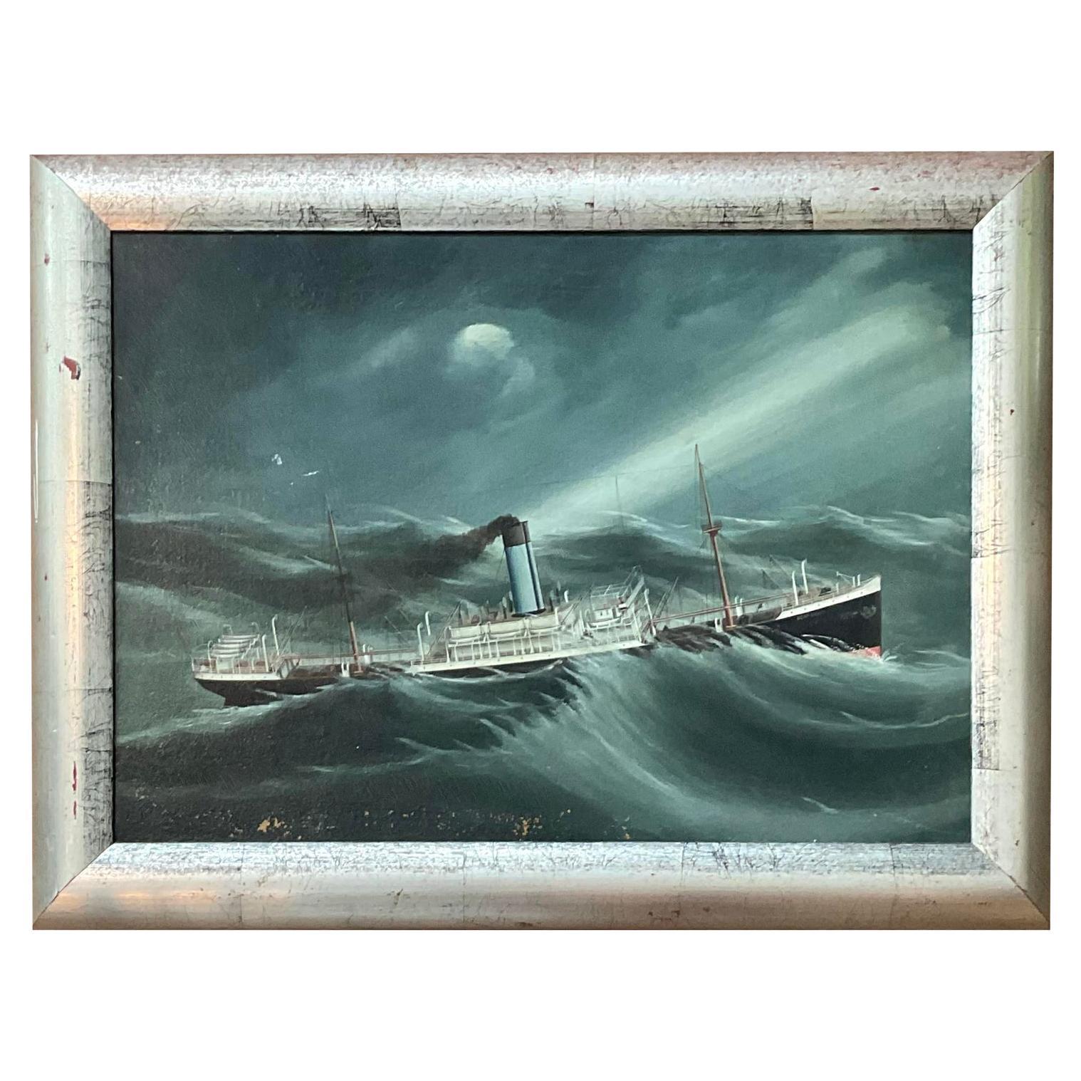 Dipinto a olio su tela con paesaggio costiero originale Vintage By