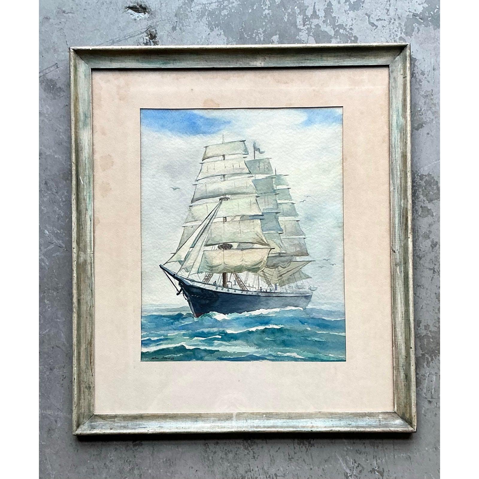Vintage Coastal Original Aquarell Segelboot auf Papier (amerikanisch) im Angebot