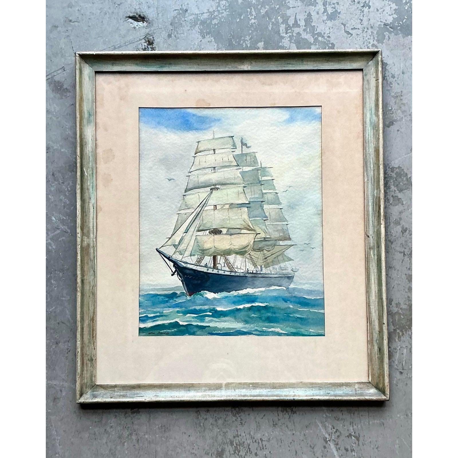Vintage Coastal Original Aquarell Segelboot auf Papier im Zustand „Gut“ im Angebot in West Palm Beach, FL