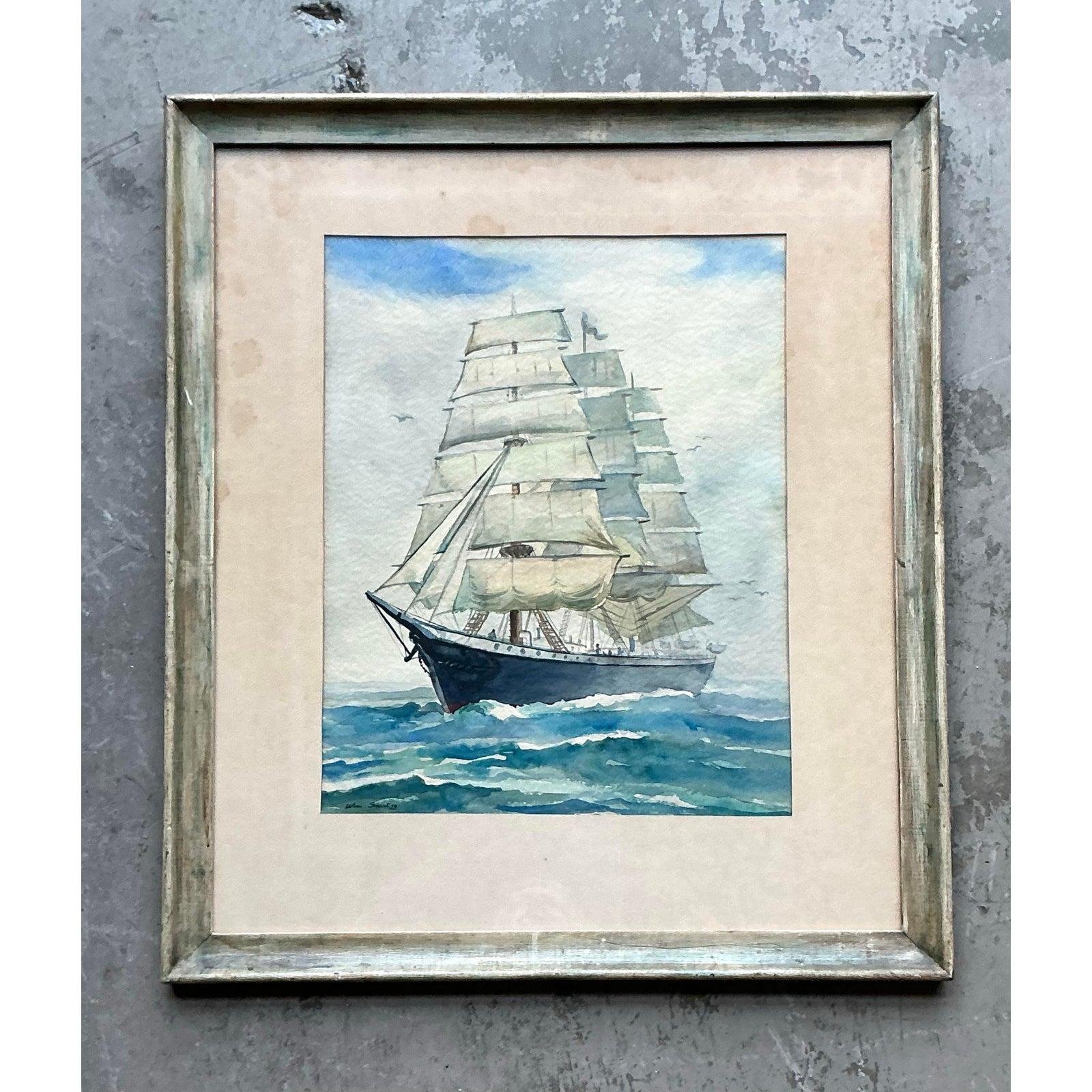 Vintage Coastal Original Aquarell Segelboot auf Papier (20. Jahrhundert) im Angebot