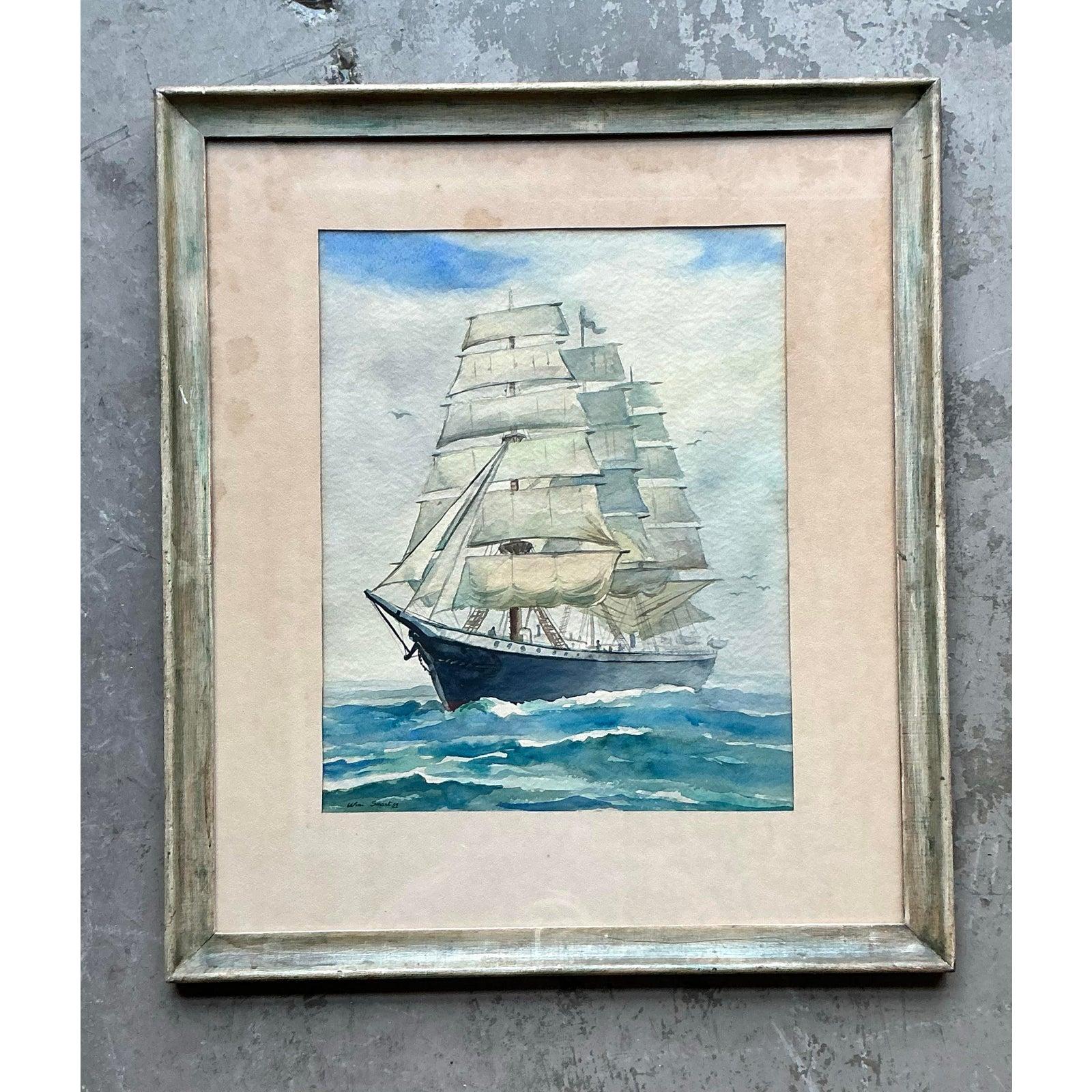 Vintage Coastal Original Aquarell Segelboot auf Papier (Glas) im Angebot
