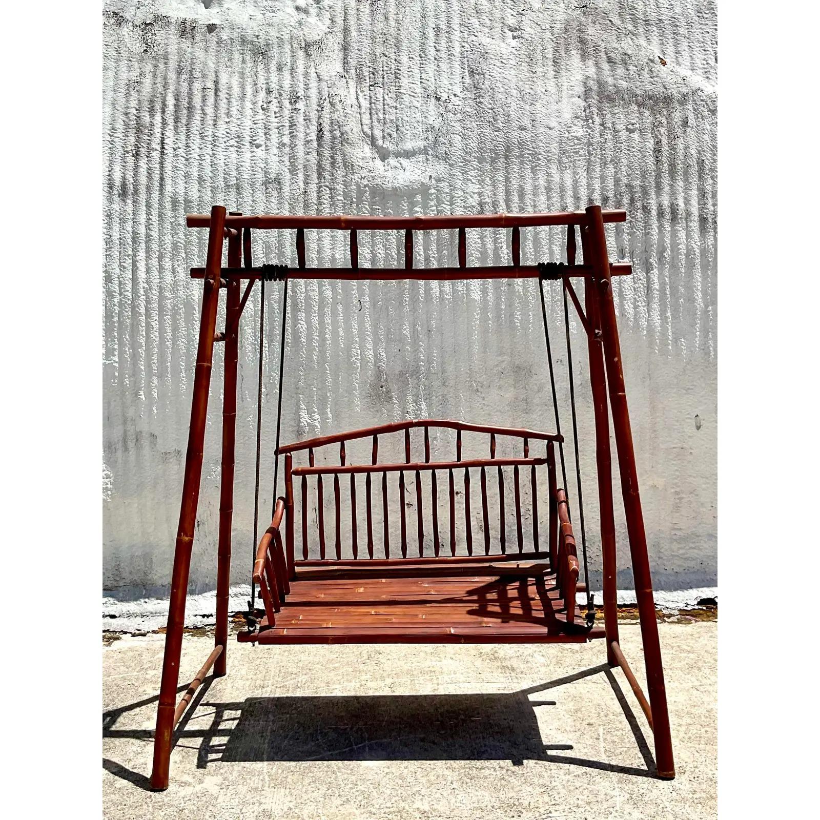 Vintage Coastal Outdoor Bamboo and Rattan Porch Swing 2