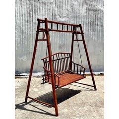 Vintage Coastal Outdoor Bamboo and Rattan Porch Swing