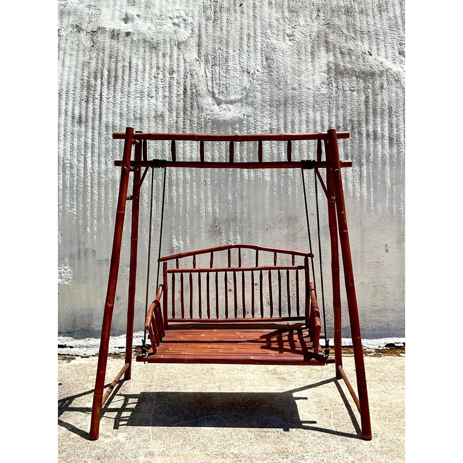 North American Vintage Coastal Outdoor Bamboo and Rattan Porch Swing