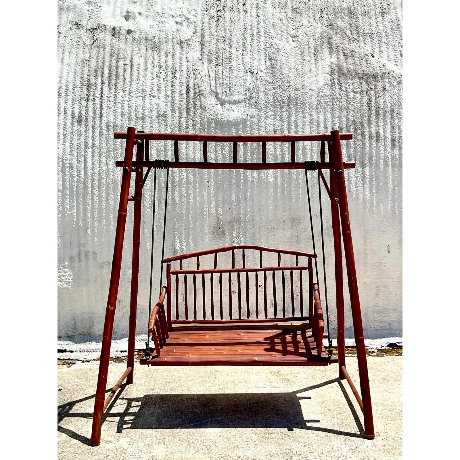 Vintage Coastal Outdoor Bamboo and Rattan Porch Swing In Good Condition In west palm beach, FL