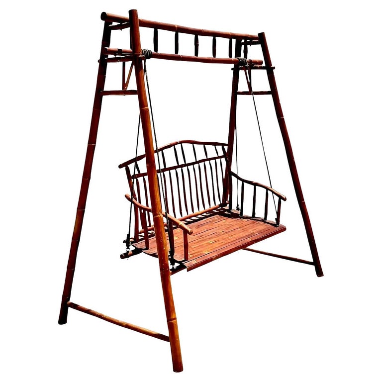 Vintage Coastal Outdoor Bamboo and Rattan Porch Swing at 1stDibs