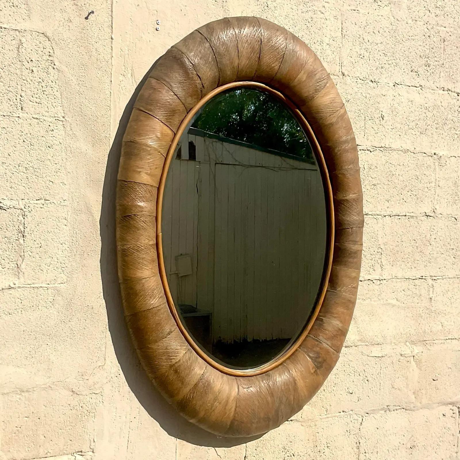 Vintage Coastal Oval Coconut Husk Mirror In Good Condition For Sale In west palm beach, FL