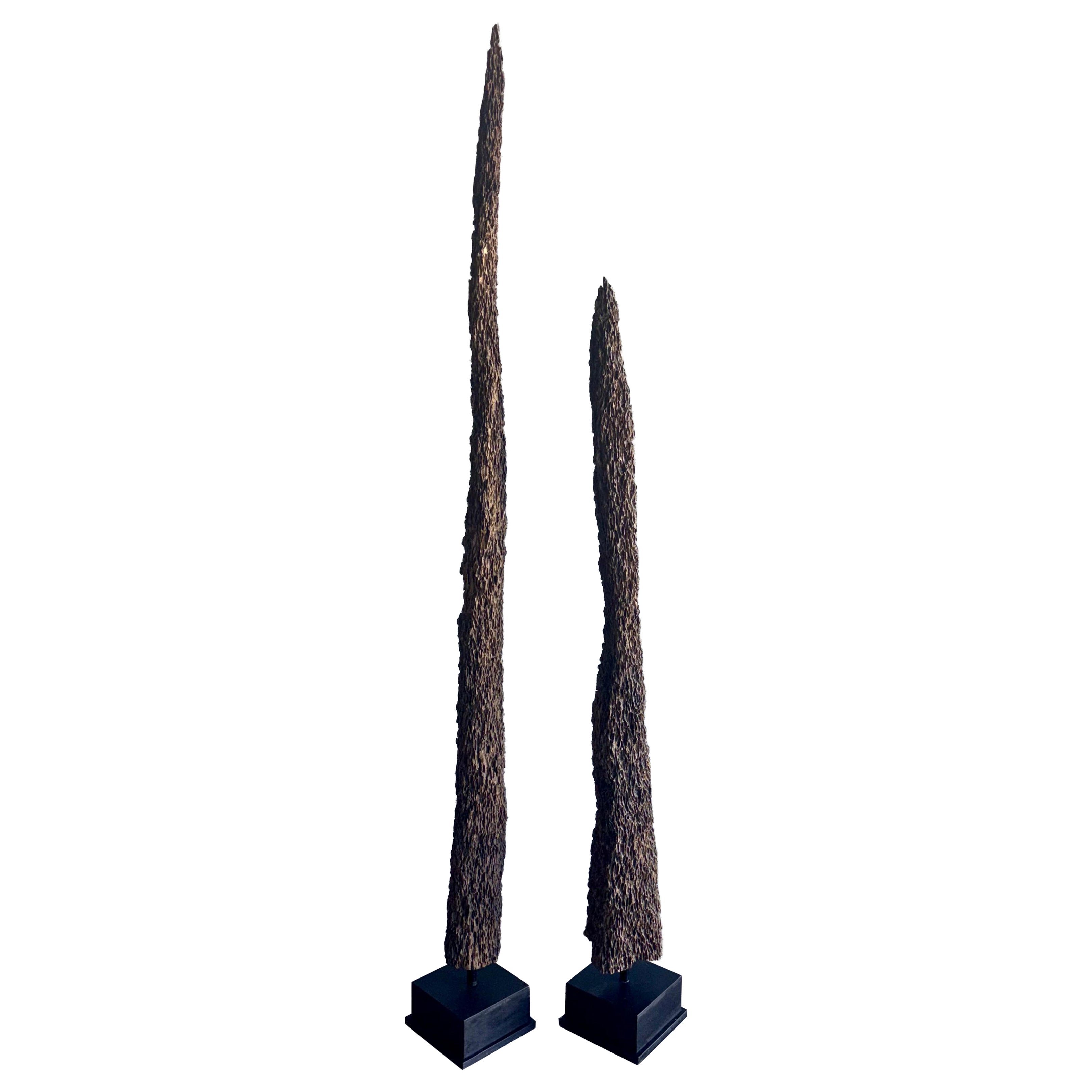 Vintage Coastal Oyster Worn Cedar Poles on Black Bases, Pair