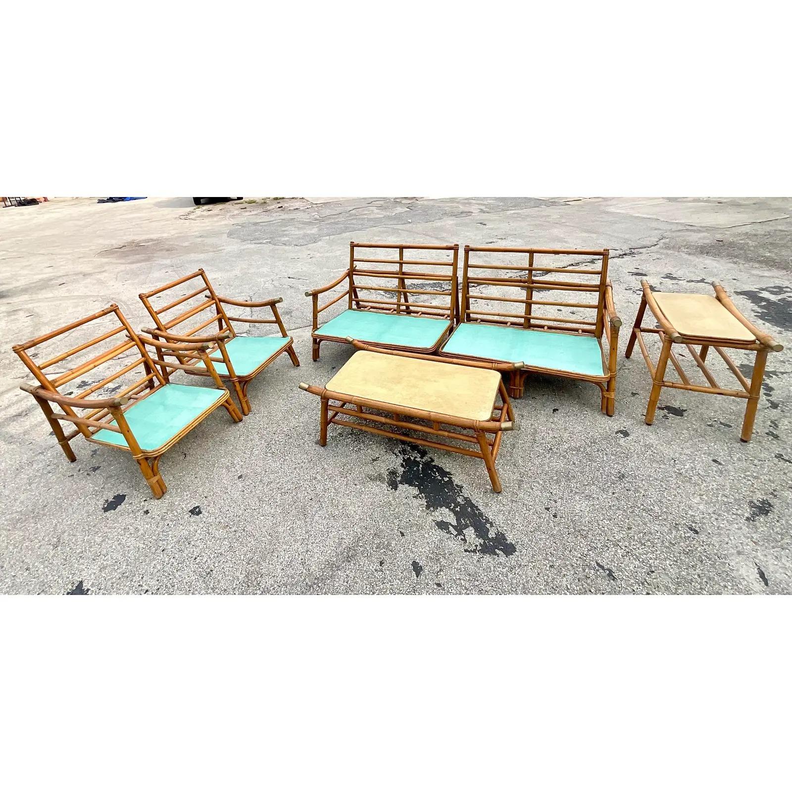 Vintage Coastal Pagoda Rattan Sofa Set After John Wisner for a Ficks Reed In Good Condition In west palm beach, FL