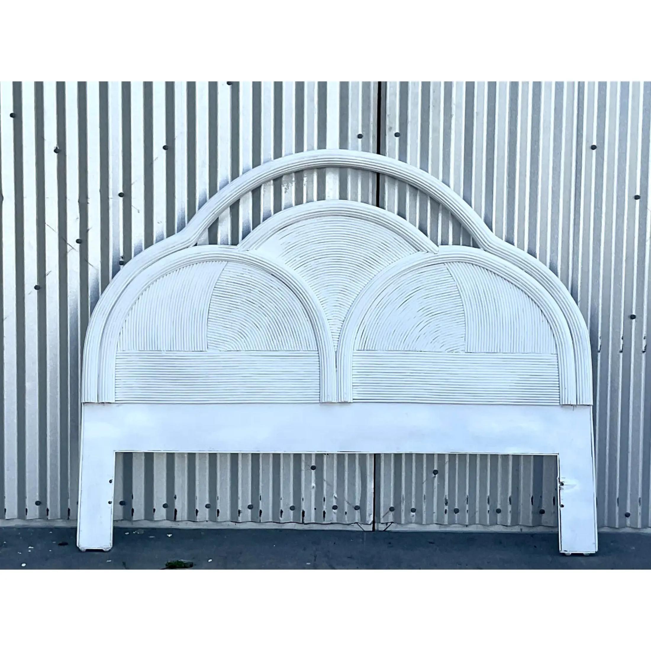 Gorgeous vintage Coastal Queen Headboard. Beautiful painted finish and a chic arched profile. Acquired from a Palm Beach estate.