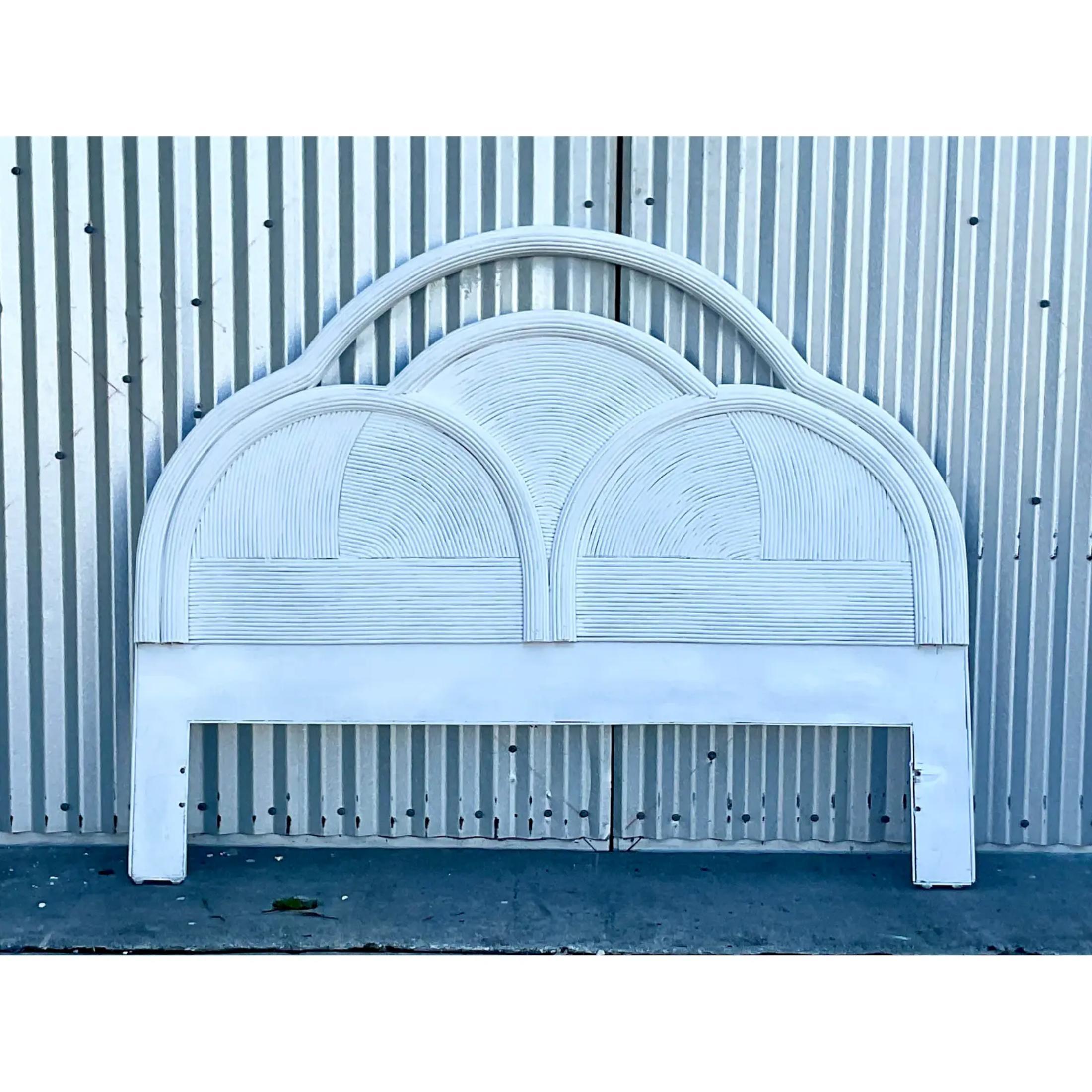 Bohemian Vintage Coastal Painted Arched Pencil Reed Headboard For Sale