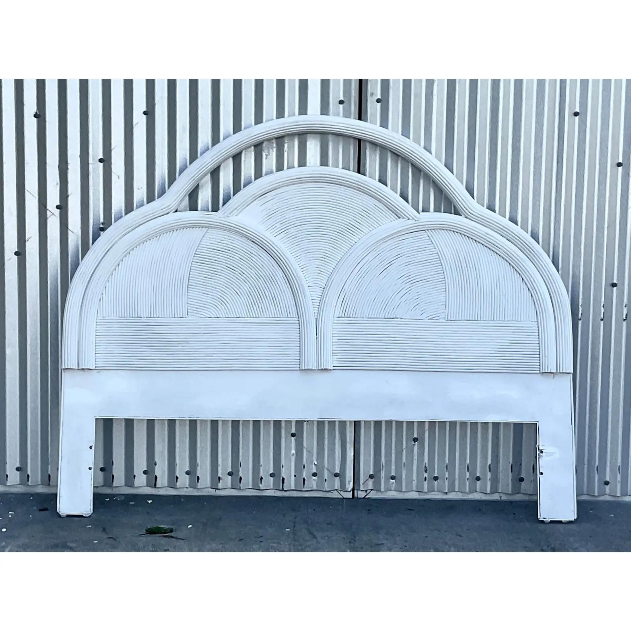20th Century Vintage Coastal Painted Arched Pencil Reed Headboard For Sale