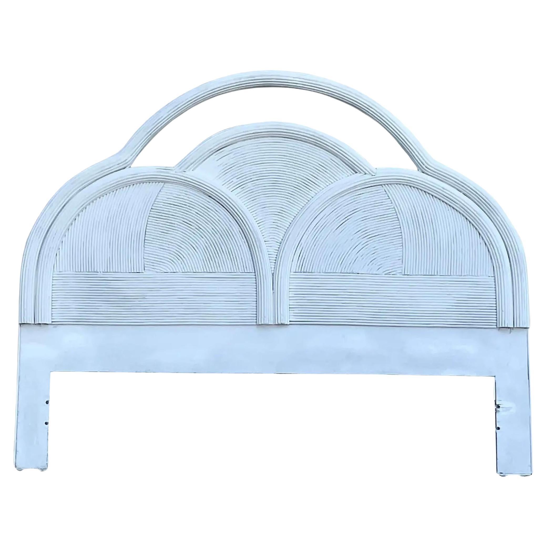 Vintage Coastal Painted Arched Pencil Reed Headboard For Sale