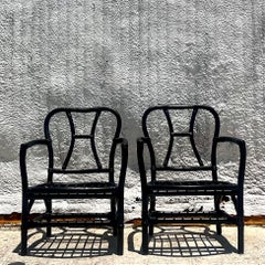 Vintage Coastal Painted Bent Rattan Lounge Chairs - a Pair