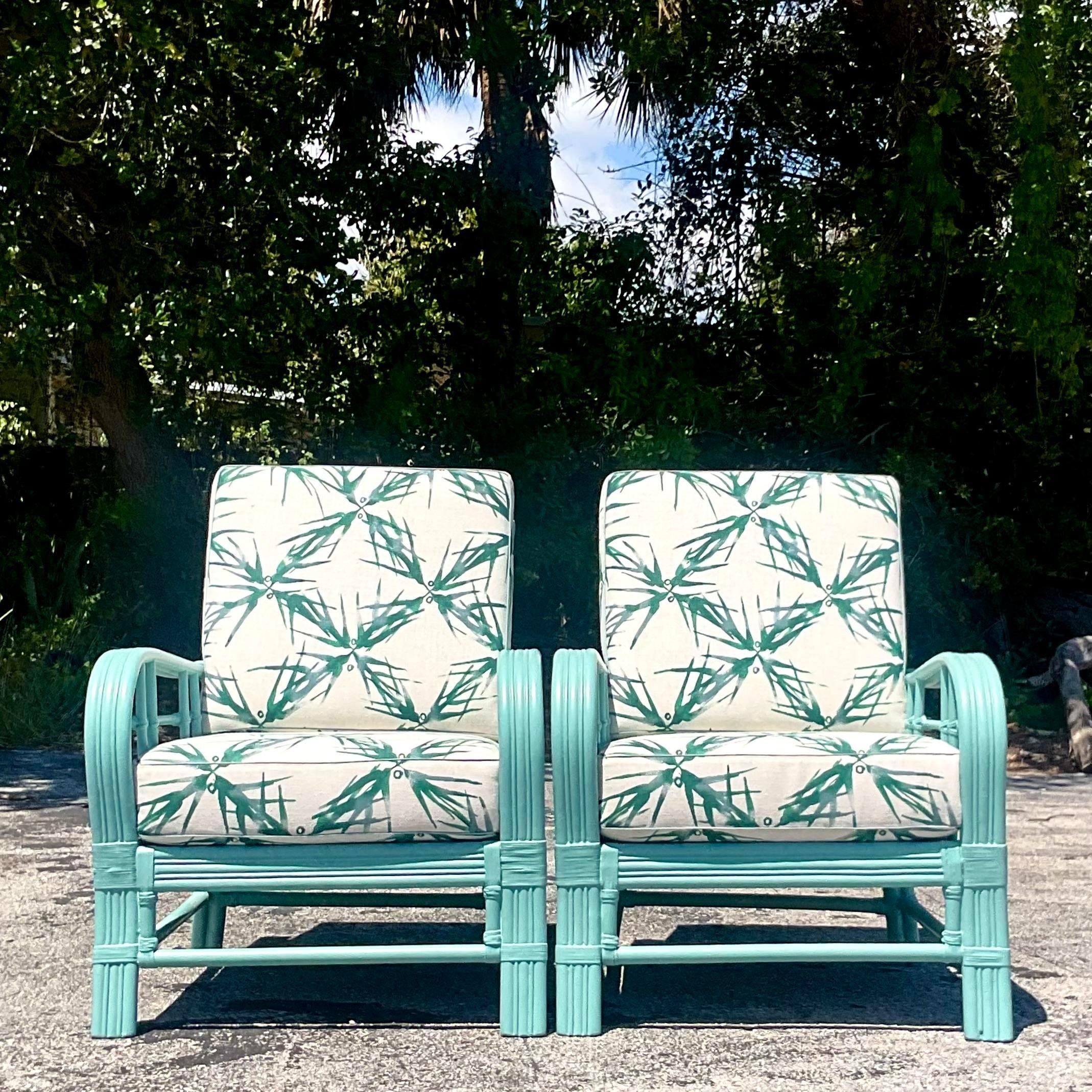 Mid-Century Modern Vintage Coastal Painted Bent Rattan Lounge Chairs - a Pair For Sale