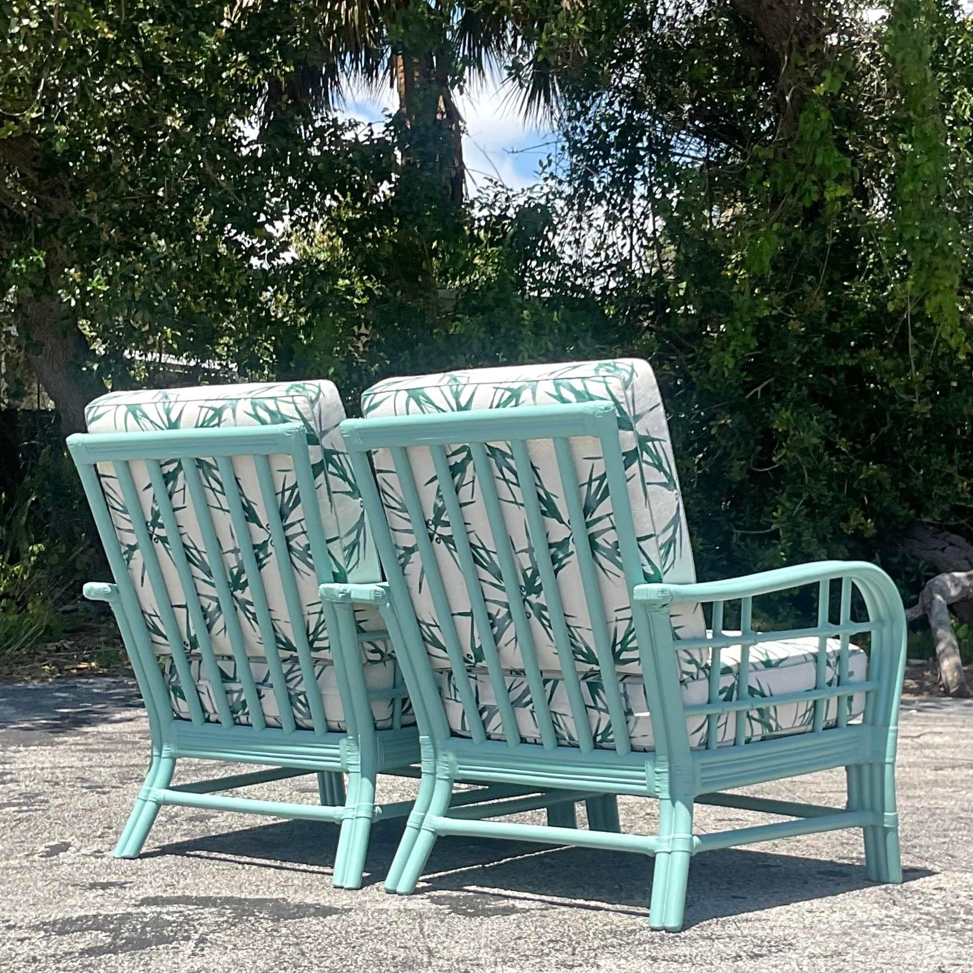 American Vintage Coastal Painted Bent Rattan Lounge Chairs - a Pair For Sale