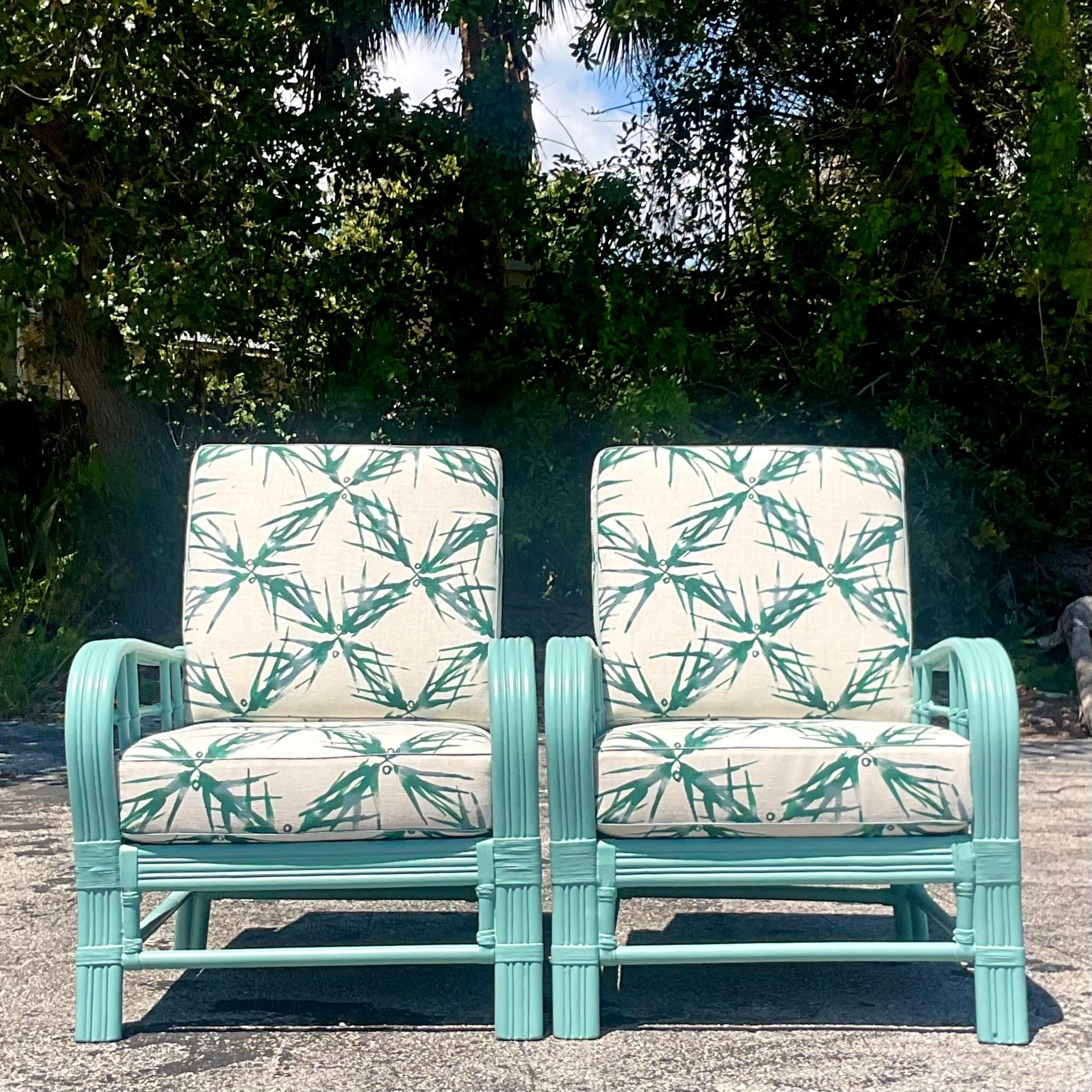 Vintage Coastal Painted Bent Rattan Lounge Chairs - a Pair In Good Condition For Sale In west palm beach, FL
