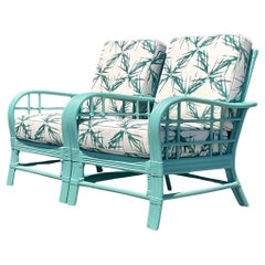 Vintage Coastal Painted Bent Rattan Lounge Chairs - a Pair