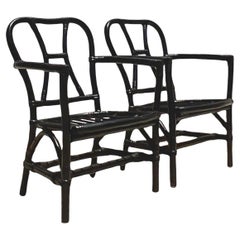 Vintage Coastal Painted Bent Rattan Lounge Chairs - a Pair