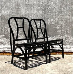 Vintage Coastal Painted Bent Rattan Slipper Chairs - a Pair