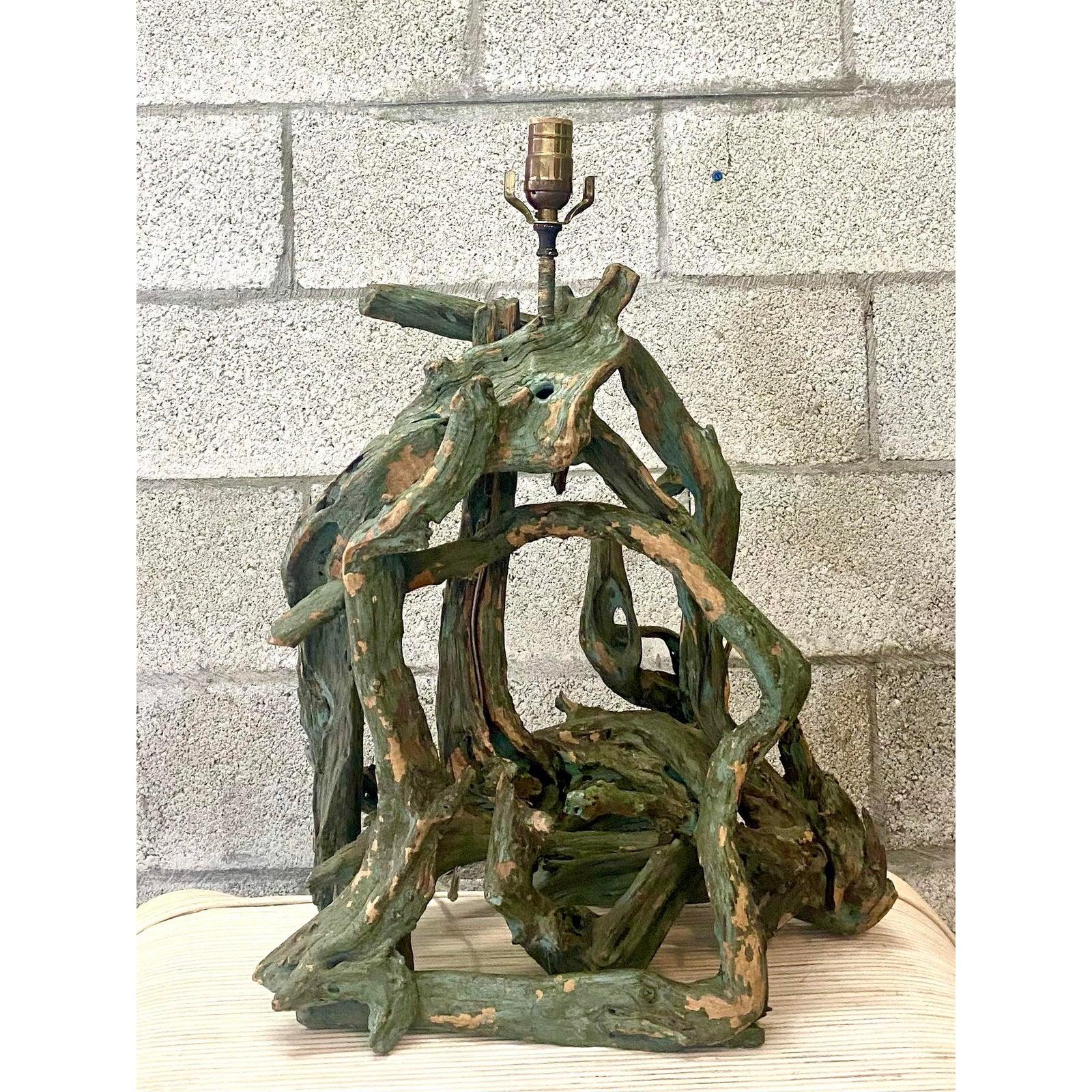 Fantastic vintage Coastal drift wood lamp. Time has made this the perfect addition to any coastal decor. A beautiful faded green worn just the right amount. Fully restored with all new wiring and hardware. Acquired from a Palm Beach estate.