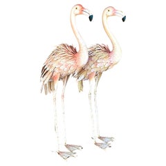 Vintage Coastal Painted Metal Flamingos - a Pair