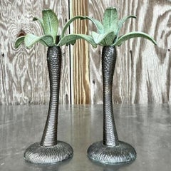 Vintage Coastal Painted Metal Palm Tree Candlesticks- a Pair
