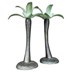 Vintage Coastal Painted Metal Palm Tree Candlesticks- a Pair