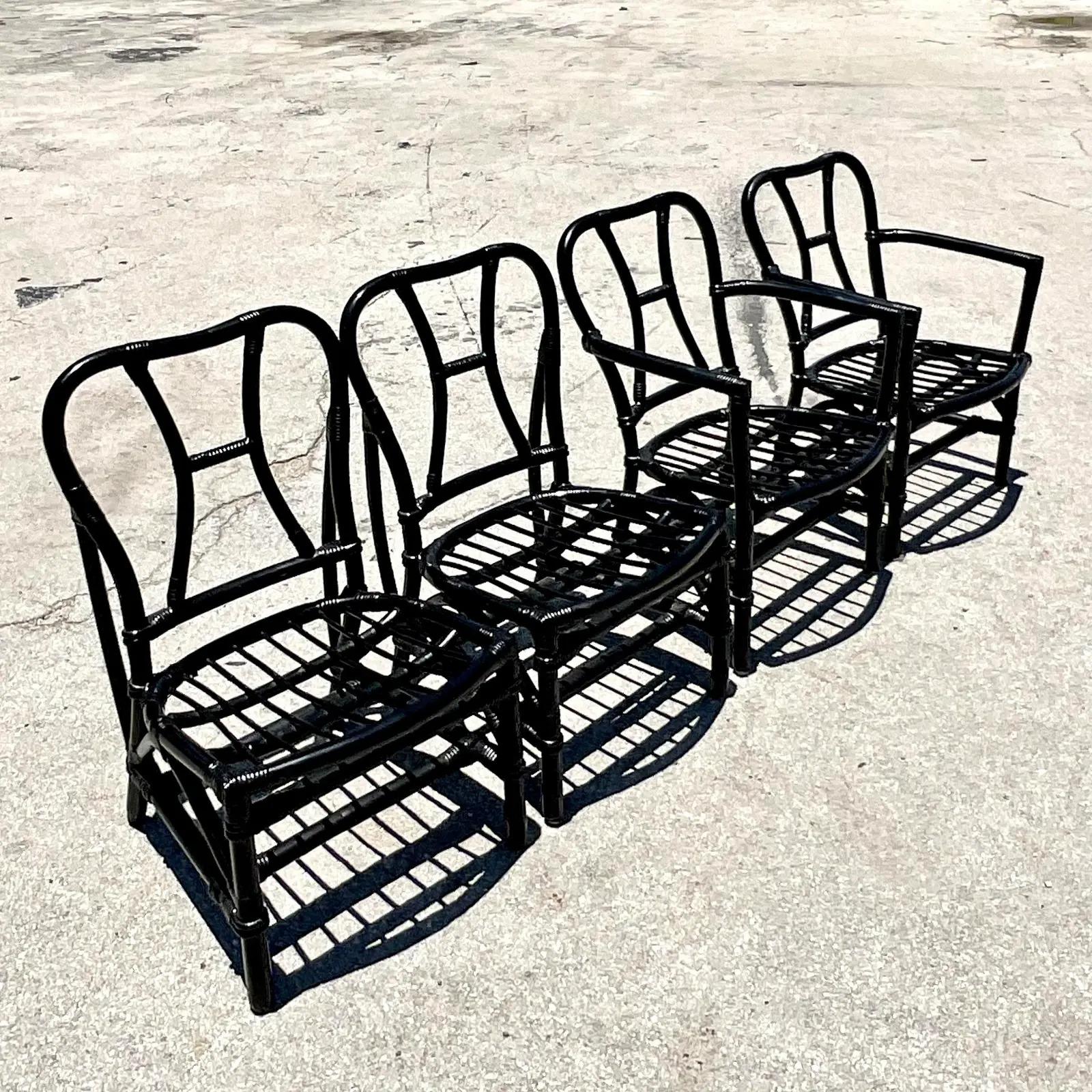 Philippine Vintage Coastal Painted Rattan Arm Chairs - A Pair For Sale