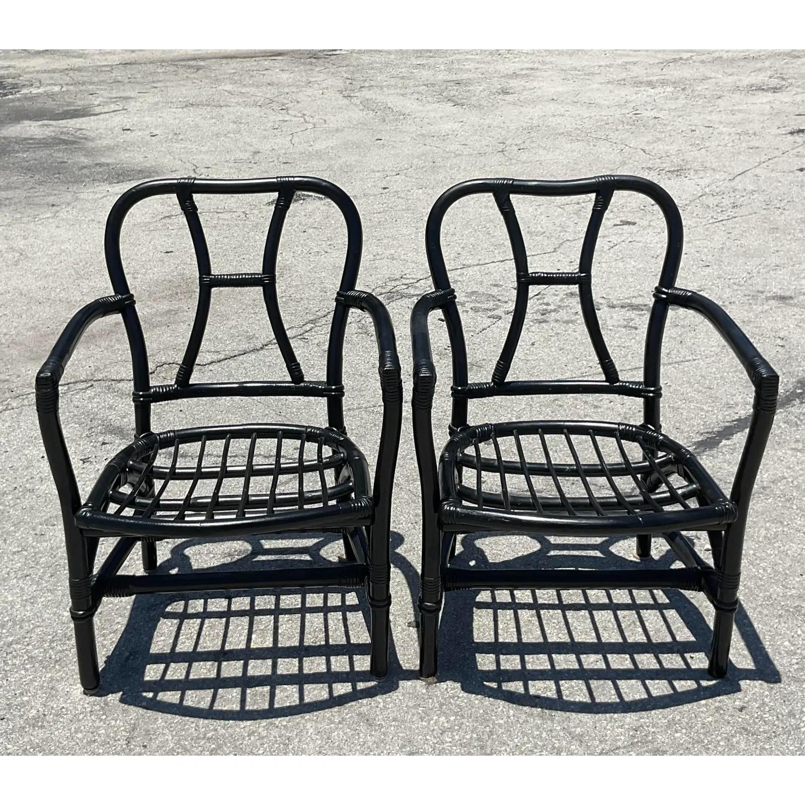 Vintage Coastal Painted Rattan Arm Chairs - A Pair In Good Condition For Sale In west palm beach, FL