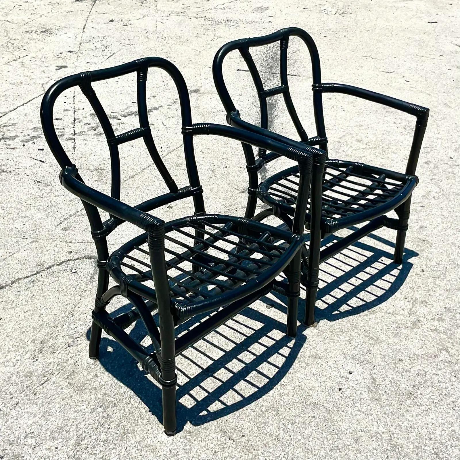20th Century Vintage Coastal Painted Rattan Arm Chairs - A Pair For Sale