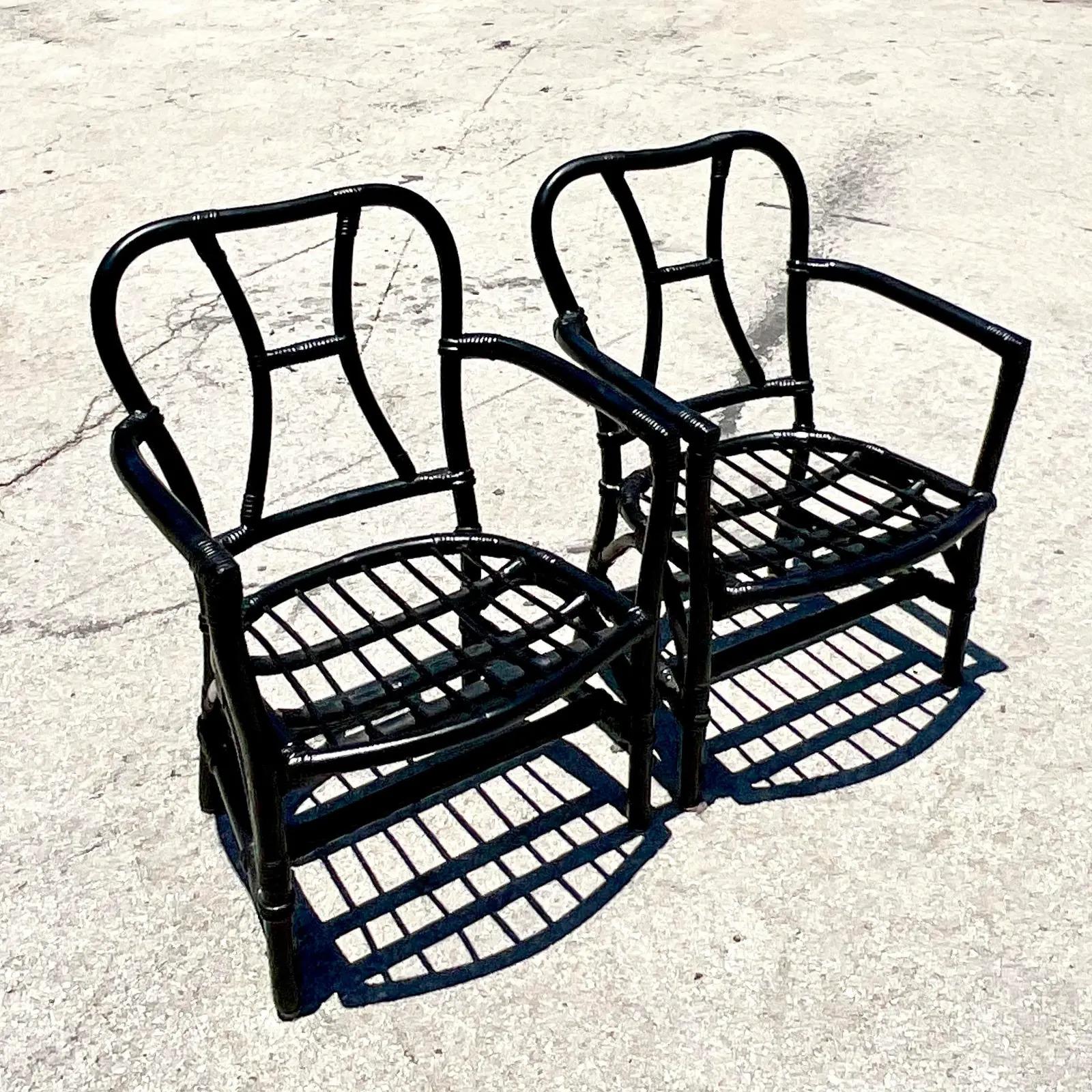 Vintage Coastal Painted Rattan Arm Chairs - A Pair For Sale 2
