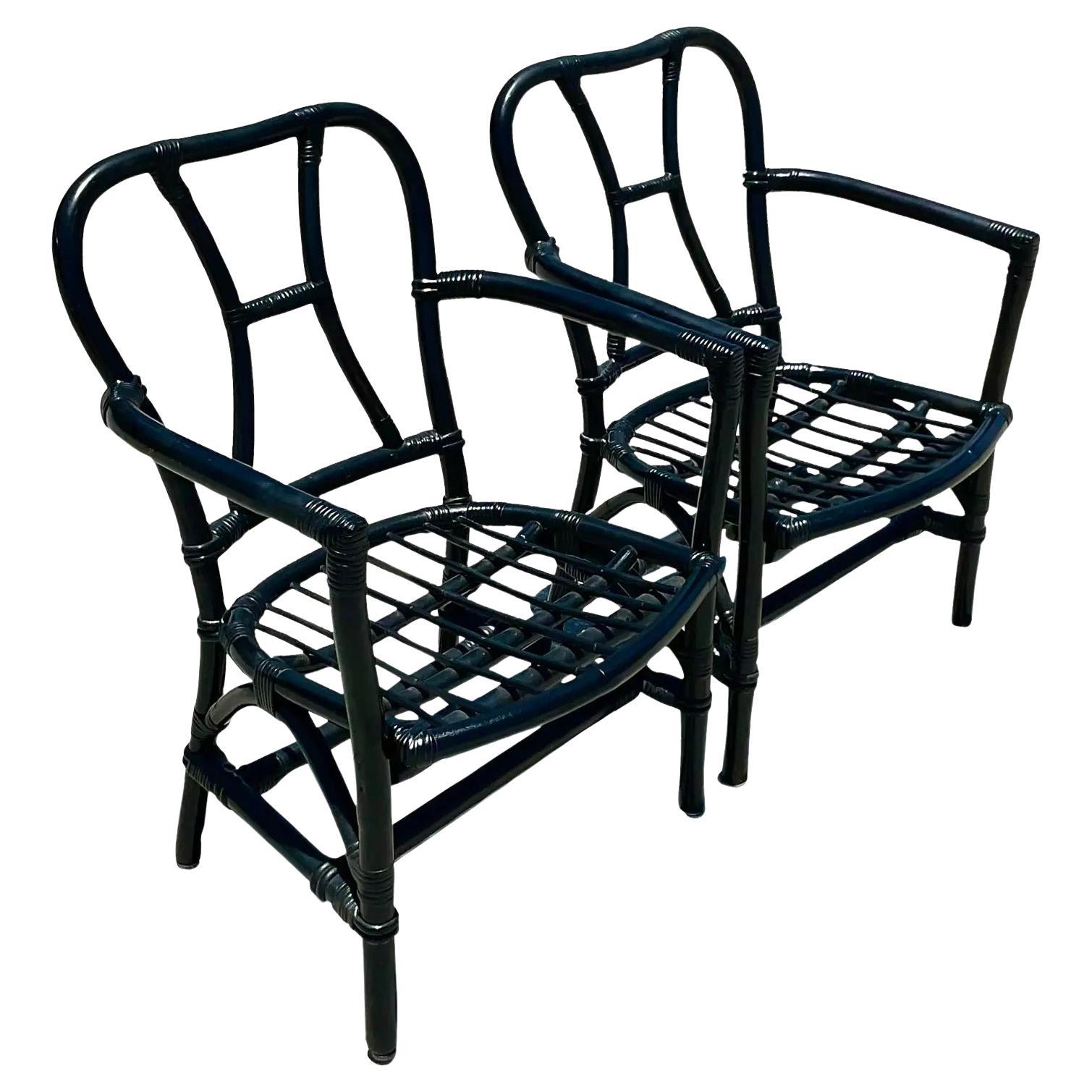 Vintage Coastal Painted Rattan Arm Chairs - A Pair For Sale