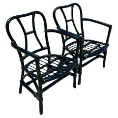 Vintage Coastal Painted Rattan Arm Chairs - A Pair