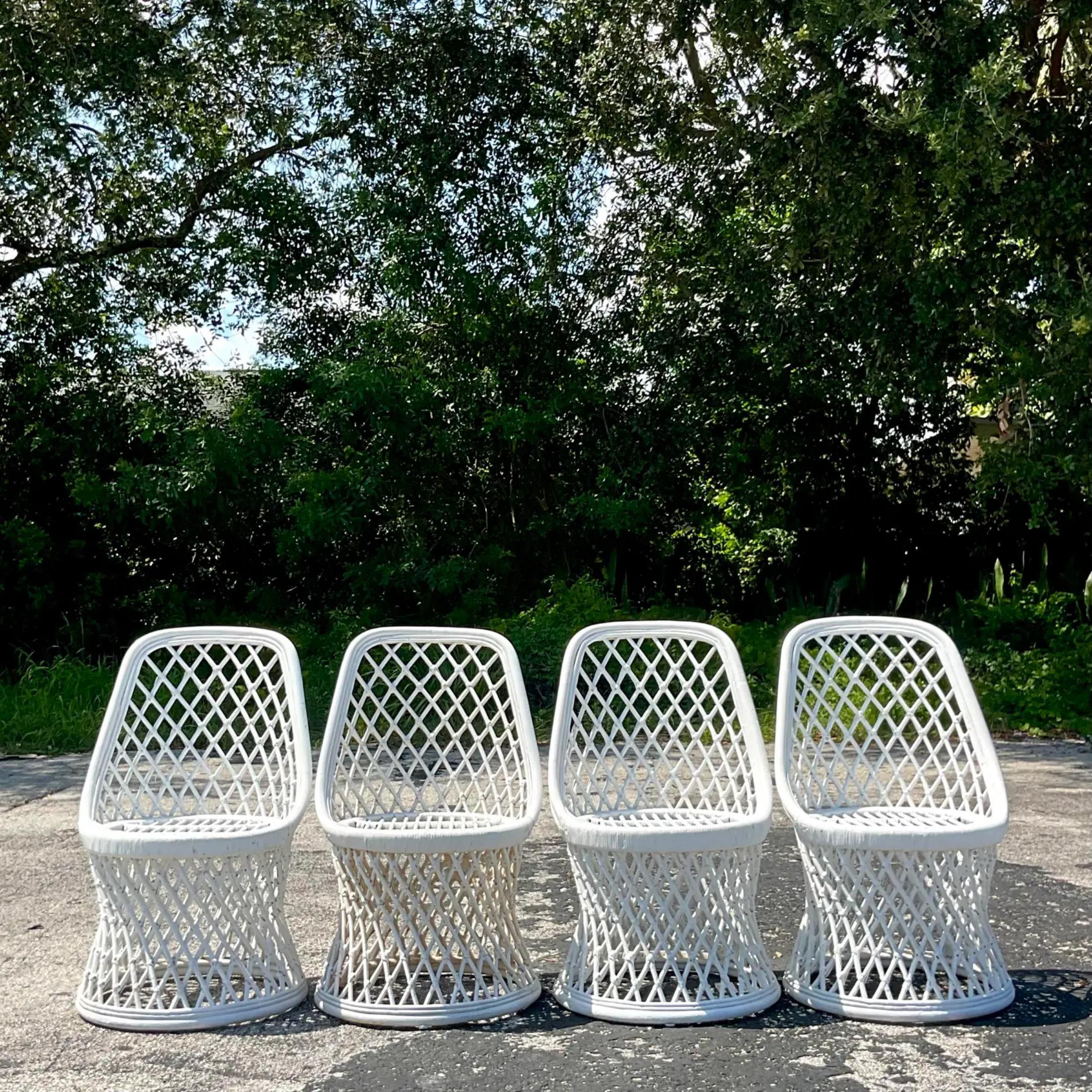 Vintage Coastal Painted Rattan Dining Chairs - Set of Four In Good Condition In west palm beach, FL