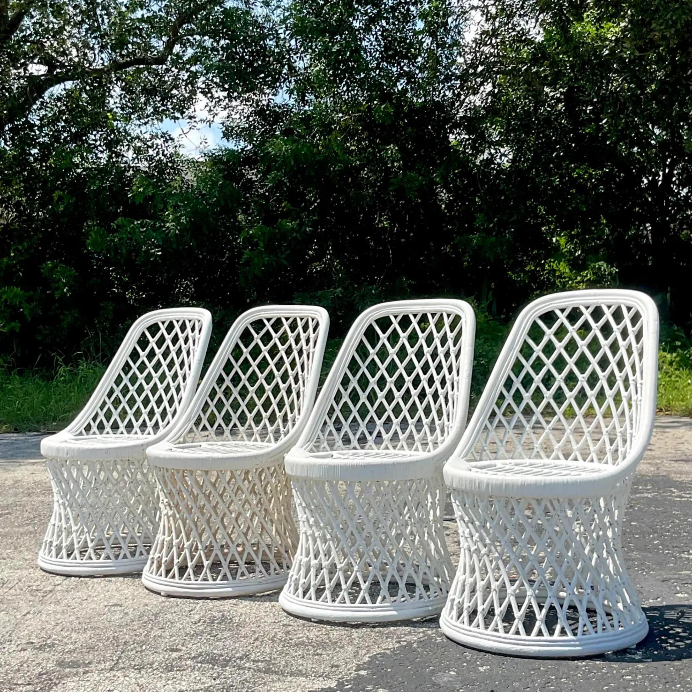 20th Century Vintage Coastal Painted Rattan Dining Chairs - Set of Four